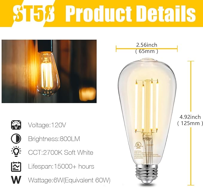 DAYBETTER Vintage LED Edison Bulbs, E26 Led Bulb 60W Equivalent, Dimmable Led Light Bulbs, High Brightness 6W 800 LM Warm White 2700K, ST58 Antique LED Filament Bulbs, Clear Glass, 6 Pack