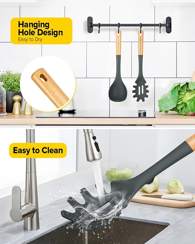 Silicone Soup Ladle and Spaghetti Spoon Set with Wooden Handle, Non Stick Heat Resistant Kitchen Utensils for Cooking, Stirring, Serving Pasta, Soup & Sauce(GRAY)
