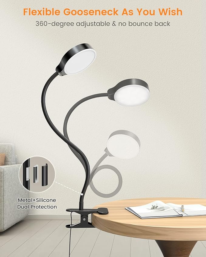 Glocusent Brighter Clip on Lamp with Remote, Eye-Caring Clip on Light for Bed Headboard, 3 Color & 5 Brightness Bed Lamp, 30-Min Auto-Off Timer, Reading Light with Adapter