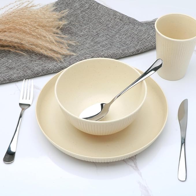 36pcs Reusable Wheat Straw Dinnerware Sets,Unbreakable Dinnerware Cups Plates and Bowls Sets,Durable Kitchenware Dishes Set for Home, Office, Travel,Picnic