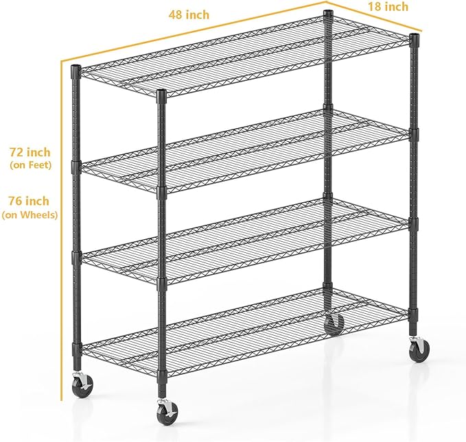 Himimi 72" H Storage Shelves 4 Tier Metal Shelving Adjustable Wire Shelf with Wheels, Heavy Duty Shelving for Garage Kitchen Pantry Bathroom Laundry 18" D*48" W*72" H, Black