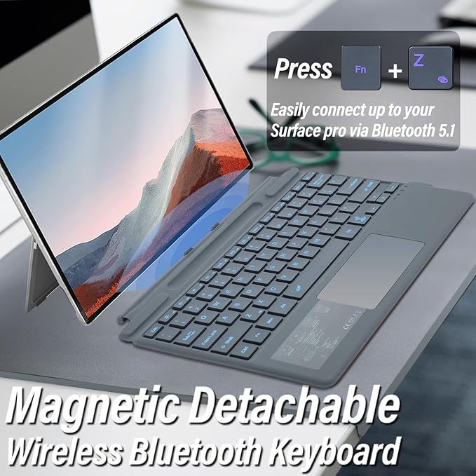 Keyboard for Surface Pro 11/10/9/8/X (13inch), Portable Slim Type Cover for Surface Pro, Wireless Bluetooth Keyboard with Touchpad, Backlits,Built in Pencil Holder,Dark Green