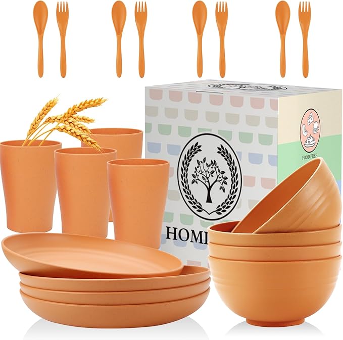 Wheat Straw Dinnerware Sets, Homienly 20pcs Unbreakable Microwave Dishwasher Safe Tableware Lightweight Bowls, Cups, Plates Set Reusable Dinner Plates Bowls set (Orange)