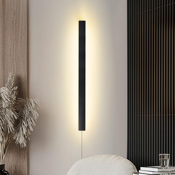 Modern Plug in Long Wall Sconce, 39" Black Matte LED Wall Lights, 20W Warm White 3000K Acrylic Indoor Wall lamp, with 59" Plug Cable for Bedroom, Living Room, Hallway