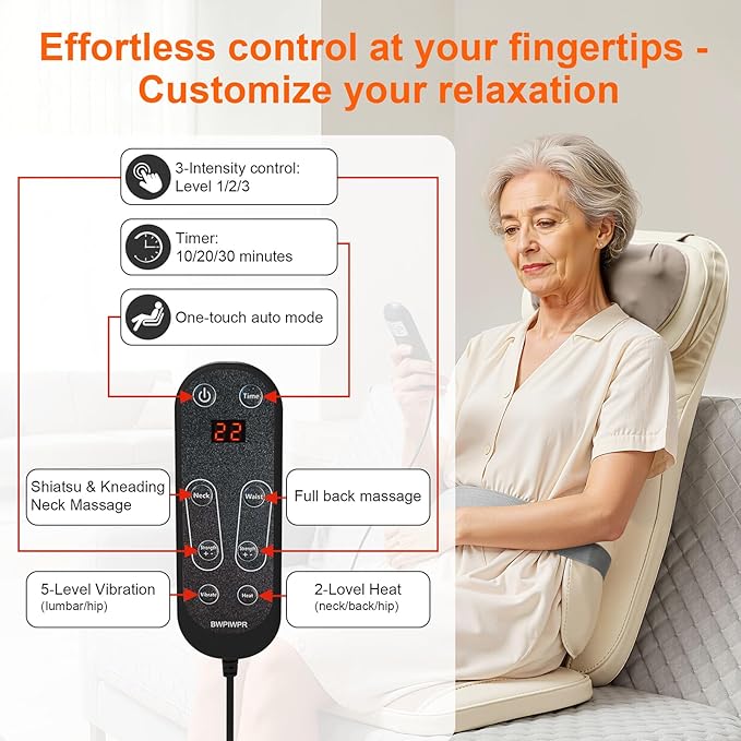 4D Shiatsu Massage Cushion w/Heat - Neck Back Pain Relief, Targets Muscle Stiffness from Long Sitting - Kneading, Vibration Technology & Dual Necks Heads Design for Office Chair, Home, Beige