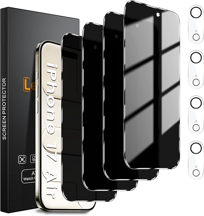 4 Pack Privacy Screen Protector for iPhone 17 Air 6.5-Inch with 4 Pack Camera Lens Protector, Anti Spy Tempered Glass Film 9H Hardness Bubble Free Case Friendly