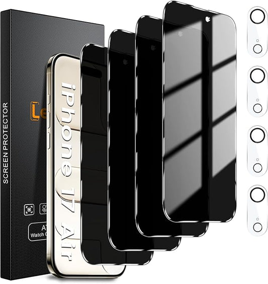 4 Pack Privacy Screen Protector for iPhone 17 Air 6.5-Inch with 4 Pack Camera Lens Protector, Anti Spy Tempered Glass Film 9H Hardness Bubble Free Case Friendly