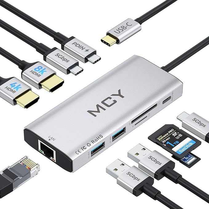 MCY USB C Hub,Laptop Docking Station Dual Monitor Single 8K,2x4K@60Hz,10 in 1 Type-C Multiport Adapter with 2 HDMI,PD100W,Extender Splitter,Card Reader,Ethernet Dock for Mac/Dell/HP/Surface/Steam Deck