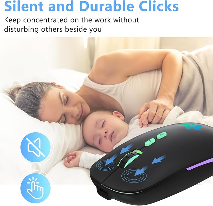 KARFUN Wireless Mouse, 2.4GHz & Bluetooth Two Mode, 7 Color Breathing Lights Computer Mouse for Laptop/MacBook/PC/Tablet/iPad, Rechargeable (Black)