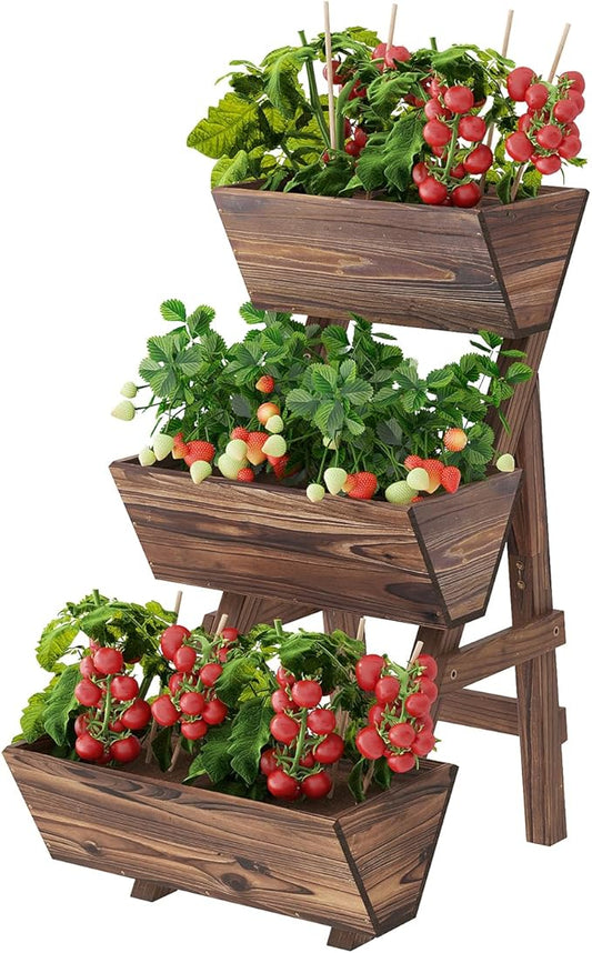 3-Tier Wooden Vertical Raised Garden Bed with Legs, Tiered Planter Box, Vertical Garden Planter,Wood Plant Stand Wood Flower Rack for Patio, Balcony, Freestanding. (Carbonized-Small)