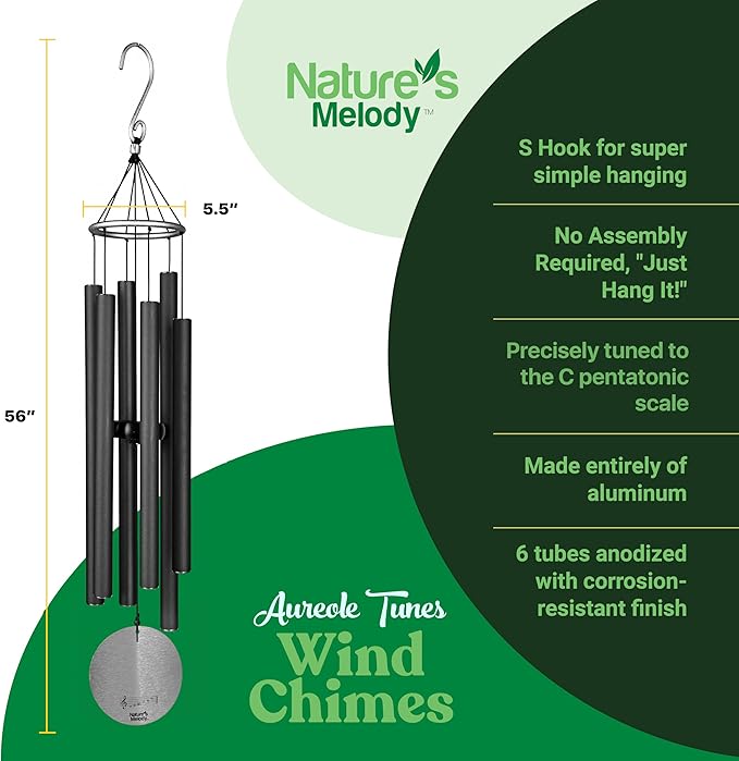 Nature’s Melody Aureole Tunes Wind Chimes – Outdoor Windchime with 6 Tubes Tuned to C Pentatonic Scale, 100% Rustproof Aluminum, Powder Finish & S Hook Hanger for Sympathy, Memorial Gift or Zen Garden