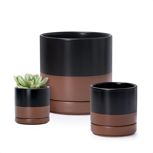 D'vine Dev 3 Inch & 4 Inch & 6 Inch, Set of 3 Round Ceramic Planter Pot with Drainage Hole and Saucer, Black/Speckled Tan, 94-T-S-7