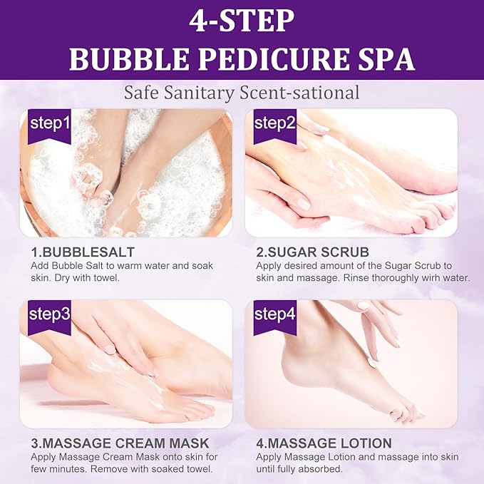 Pedicure Kit Foot Soak Set: Bubble Salt, Sugar Scrub, Massage Mask, Massage Lotion in a Box, 4 Step Foot Spa Kit for Dry Feet,Tired Feet（1 Set Lavender)