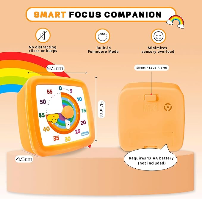 Visual Timer for Kids 60 Minute, Rainbow Countdown Clock with Silent Operation & Adjustable Alarm, Time Management Tool for Classroom, Kitchen, Toddler ADHD, Autism, Study, Pomodoro
