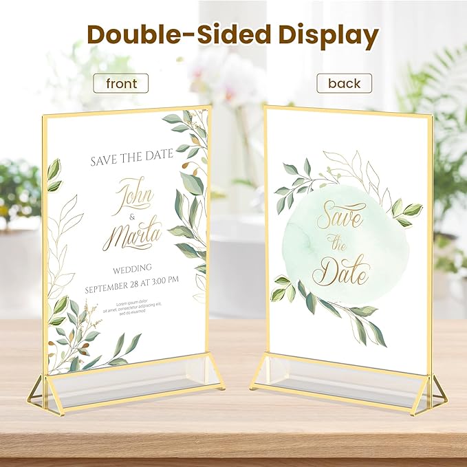 Gold Frames 5X7 Acrylic Sign Holder Double-Sided Tabletop Picture Frames for Menu Holder Wedding Table Number Holder Christmas Photo Frames with Removable Sticky Dots-3 Pack