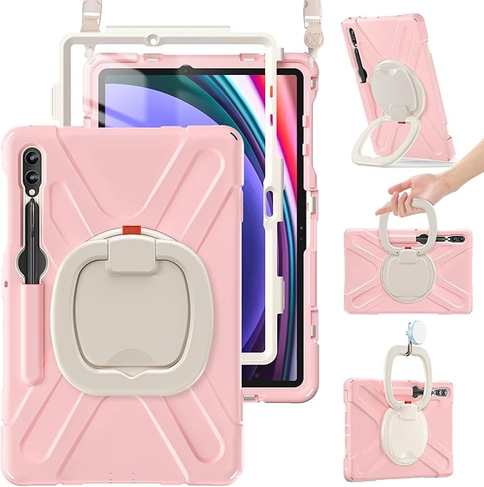 BRAECN Case for Samsung Galaxy Tab S10+/S9 FE+/S9+ 12.4” 2024, Rugged Silicone Cover with Shoulder Strap/S Pen Holder/Screen Protector/Kickstand/Handle Grip for Tab S9+/S8+/S7 FE/S7+, Sakura Pink
