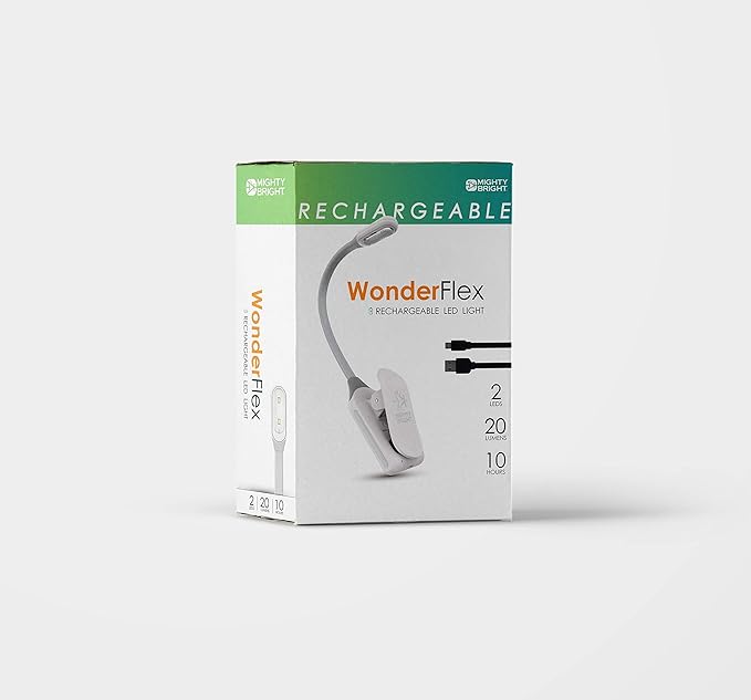 The Original Mighty Bright WonderFlex Rechargeable Book Light, 20 Lumens of Warm Eye-Care Light, 3 Brightness Levels, 45 Hours of Battery Life, Durable, Flexible (White)