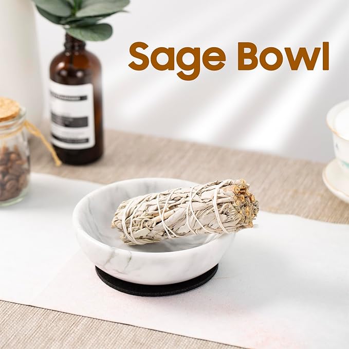 4 in 1 Incense Burner, Marble Palo Santo Holder, Smudge Bowl for White Sage, Sage Holder Incense Cone Holder 4.7 inches Ash Catcher Tray for Meditation