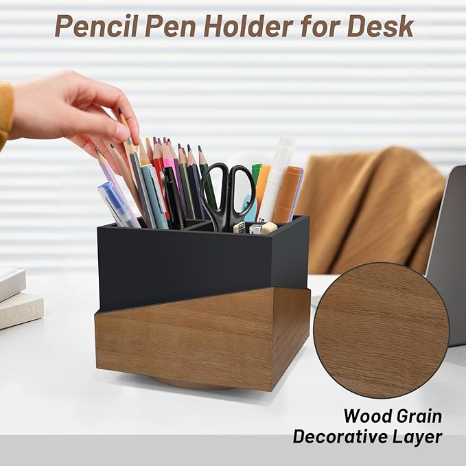 Rotating Pen Holder for Desk, Black Pencil Holder Pen Cup with Wood Grain Veneer, Wooden Desktop Pen Organizer Desk Caddy Organizer for Makeup Brush, Flatware, Remote Control