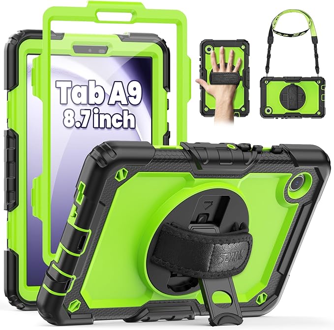 SEYMAC for Samsung Galaxy Tab A9 Case 8.7 Inch 2023 (SM-X110/X115/X117), Heavy Duty Shockproof Protective Case with Screen Protector, Rotating Stand, Hand/Shoulder Strap and Pen Holder, Green