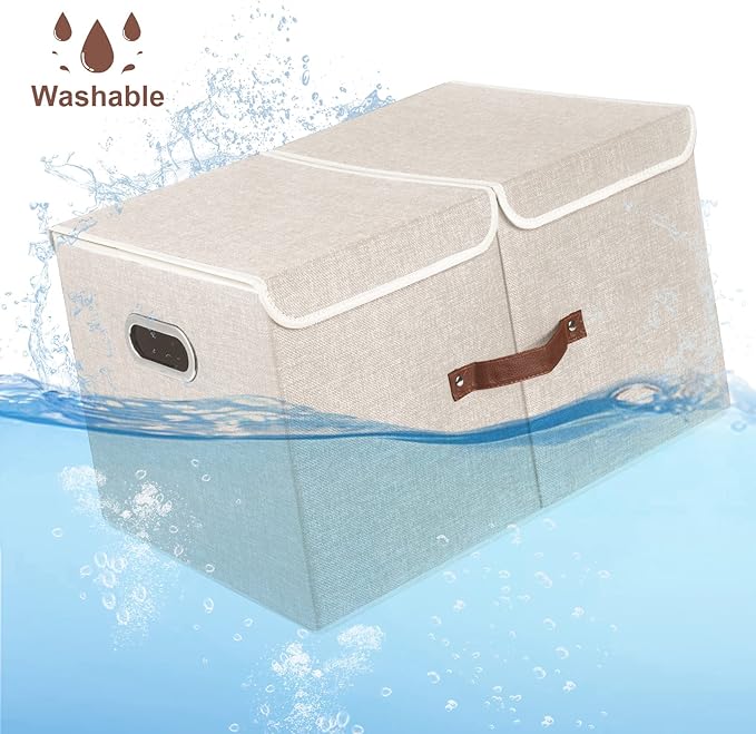 TYEERS Extra Large Collapsible Storage Bins with Lids and Compartments, Washable, Fabric Storage Boxes, 21.7x13x11.8 inches, 3 Pack, Beige