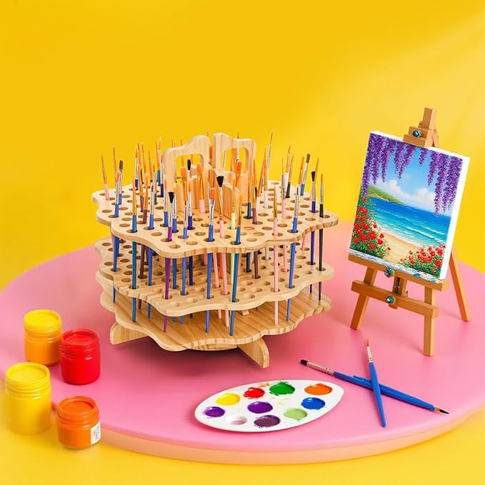 Peohud Wooden Pen Holder, 124 Slots Rotating Pencil Display Stand, Portable Paint Brush Organizer for Colored Pencils, Watercolor Brushes, Art Brushes, Office, Desktop