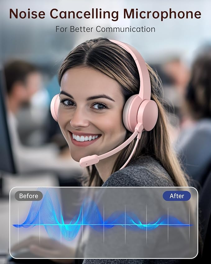 USB Headset with Microphone for PC, Wired Headphones with Mic USB Headset with Noise Cancelling Microphone, Computer Headsets with Microphone for Home Office Online Class Teams Skype (Pink)