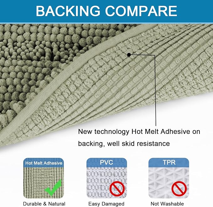 H.VERSAILTEX Bath Rugs for Bathroom Non Slip Bath Mats Thick Chenille Striped Bath Rug Runners 59" x 20" Absorbent Fluffy Soft Shaggy Mats Dry Fast Plush Area Carpet for Bath Room - Eucalyptus Green