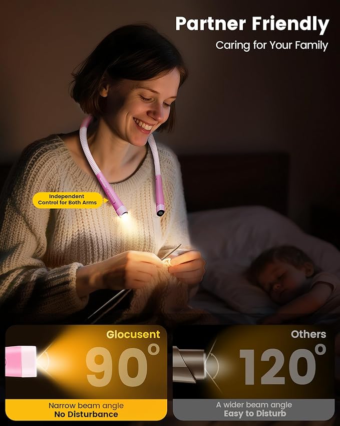 Glocusent Ergonomic Reading Light, 1600mAh Rechargeable Book Light for 100 Hrs - 3 Colors & 5 Brightness, Neck Light with Timers, Sleep Aid & Travel Lock, Perfect for Reading, Knitting & Craft