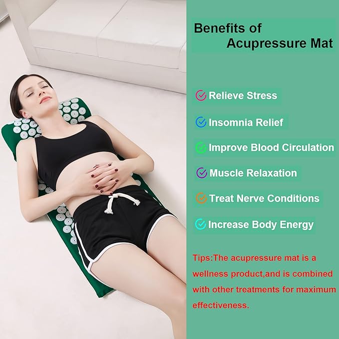 Acupressure Mat and Pillow Set with Bag - Large Size 28.7 X 16.5 inch Acupuncture Mat for Neck & Back Pain Relief- Naturally Relaxation Gift for Women - Stress Relief Massage Mat (Green)