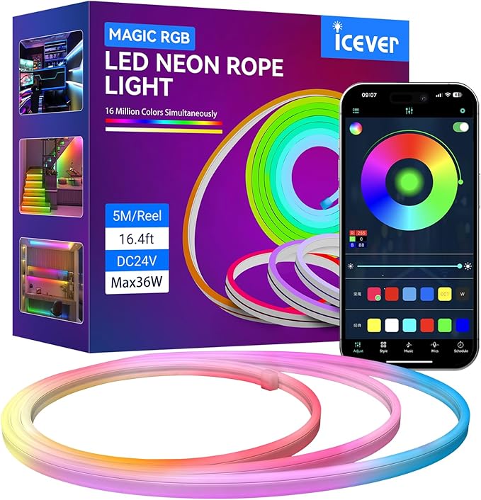 16.4FT 5M Addressable Neon Rope Light, WS2811 RGB LED Chasing Digital Strip Lights MagicRGB Waterproof Silicone Rope Music Sync DIY Design APP Control Dream Color for Gaming Room Wall Decor