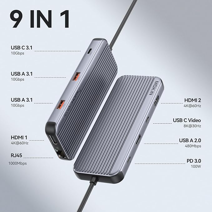 USB C Docking Station,9-in-1 Laptop Docking Station Dual Monitor,USB C Hub Multiport Adapter Triple Display with 2 HDMI,USBC Video,10Gbps USB 3.1,100W PD,Ethernets,Laptop Dock for HP/Dell/ASUS