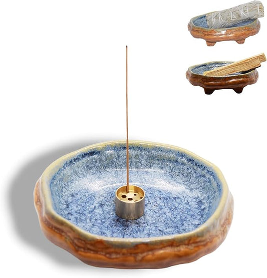 Ceramic Incense Burner Holder for Sticks, Handmade Palo Santo Holder, Incense Cone Dish Bowl for Coil, Sage Cones, Ash Catcher, Smudge Bowl for Yoga Meditation Room Décor