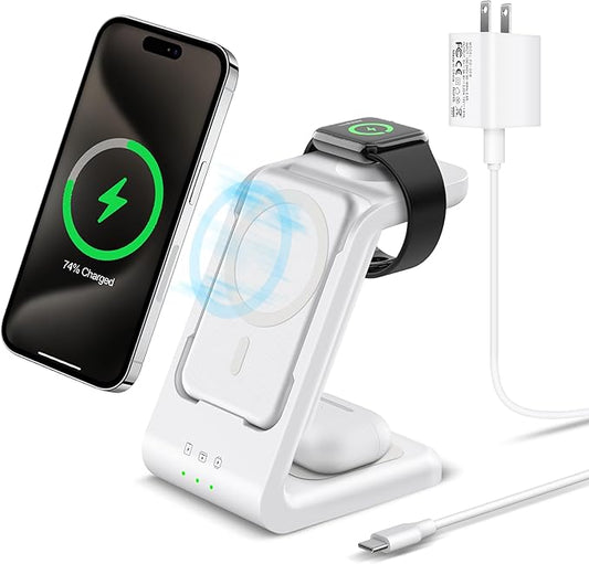 3 in 1 Wireless Charging Station: 5000mAh Removable Power Bank Charger Stand for iPhone/Apple Watch/Airpods - Portable Magnetic Battery Pack for Air 17 16 15 14 13 12 Series White