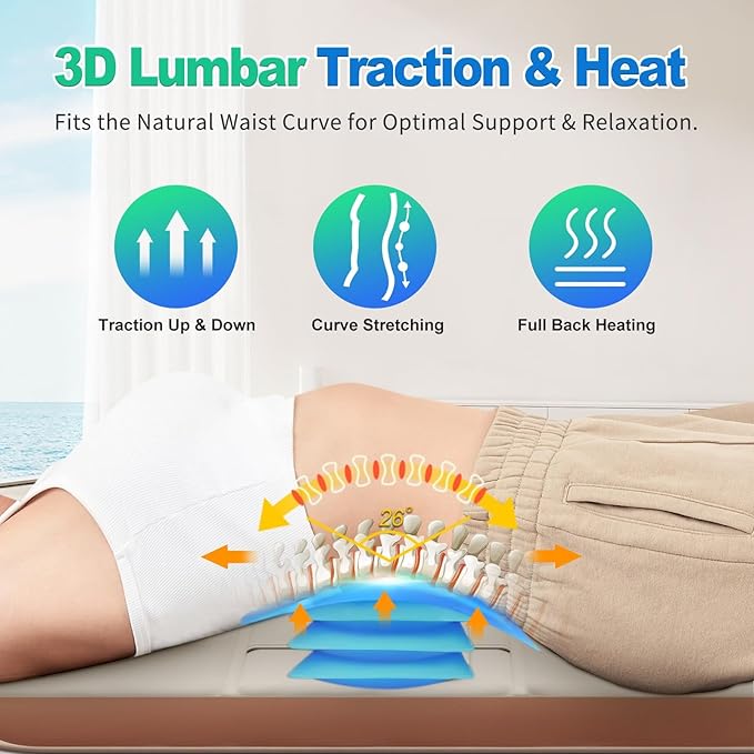 Full Body Massage Mat with Heat, Back Massage Pad with Lumbar Traction, Heating Pillow-Equipped, 4 Massage Modes & 6 Quieter Motors, Adjustable Waist to Fit 5'0-6'2, Foldable & Portable Design