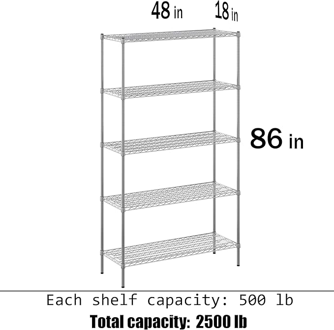18" Deep x 48" Wide x 86" Height Wire Shelving Kit | 5-Tier | NSF Commercial Storage Rack Unit