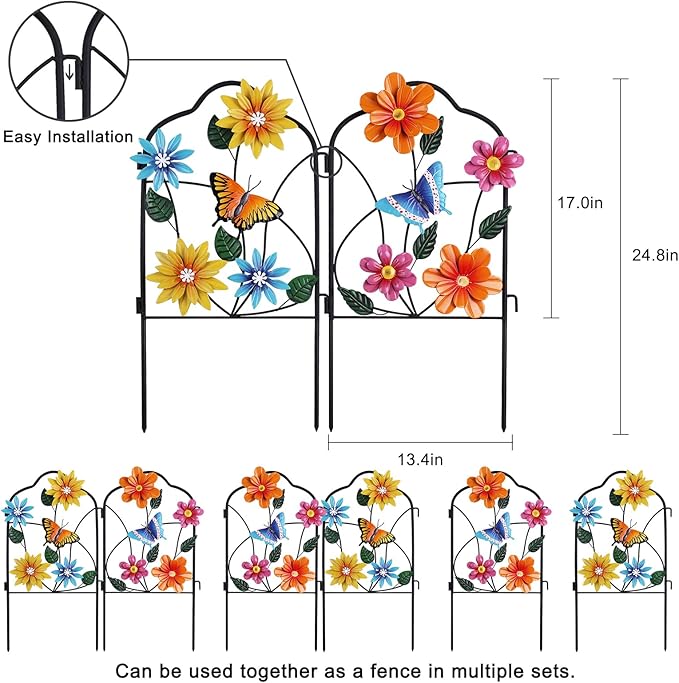 hogardeck Garden Decor for Outside, Set of 2 Metal Fence Decorative Garden Stakes with Flowers for Spring Decor, Yard Signs for Outdoor Patio Lawn Backyard Porch Decorations