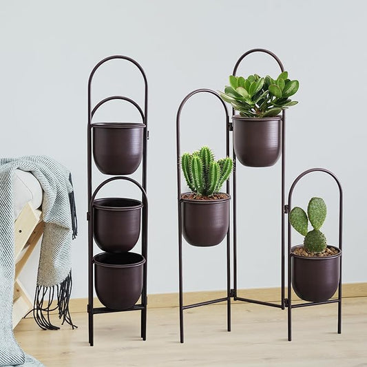 TRIROCKS Metal Plant Stand Indoor Outdoor, 3 Tier 35" H Corner Plant Pot Stand for Multiple Plants, Folding Space-Saving Planter with Stand for Living Room Balcony Patio Garden（Brown ）