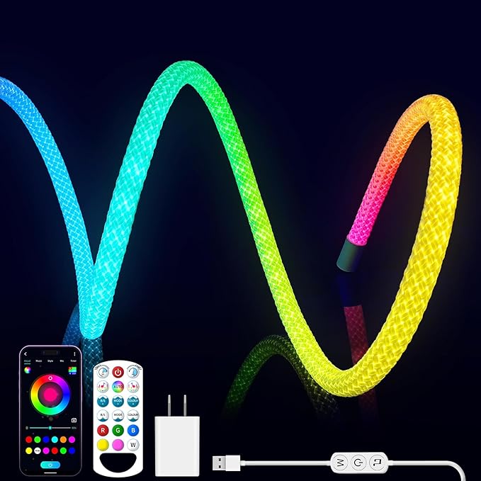 LED Rope Lights, 13.1ft Neon LED Lights Strip with 360 Degree Luminous, 5V USB Flexible IP67 Waterproof Music Sync Remote APP Control Gaming Lights Accessories for Bedroom Outdoor Décor