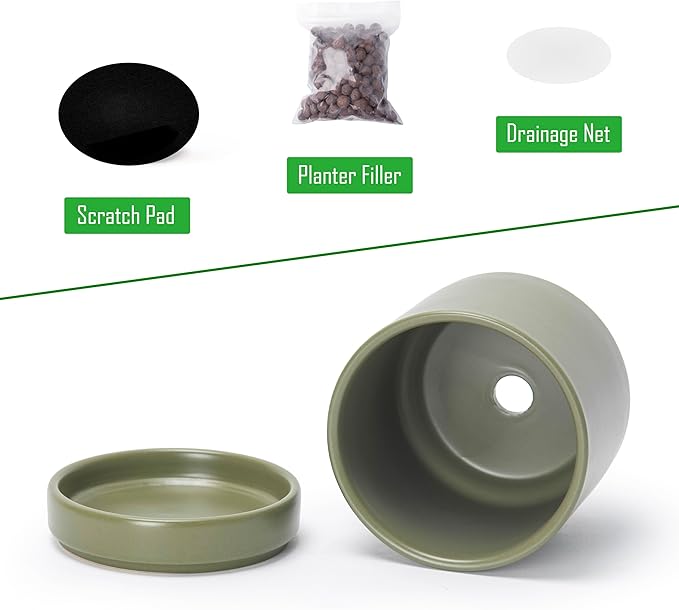 D'vine Dev Set of 2 Plants Pots, 3.5 Inch Ceramic Planter Pot for Plants with Drainage Hole and Saucer, Olive, 94-V-A-J