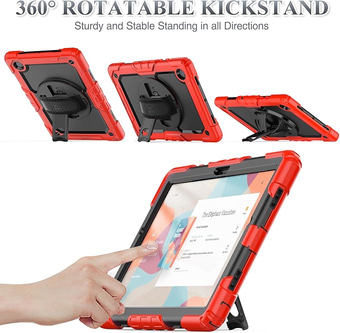 SEYMAC stock Case for Samsung Galaxy Tab A9+ Plus 11'', Full-Body Drop Protection Case with Screen Protector Pencil Holder [360° Rotating Hand Strap] &Stand, Red+Black