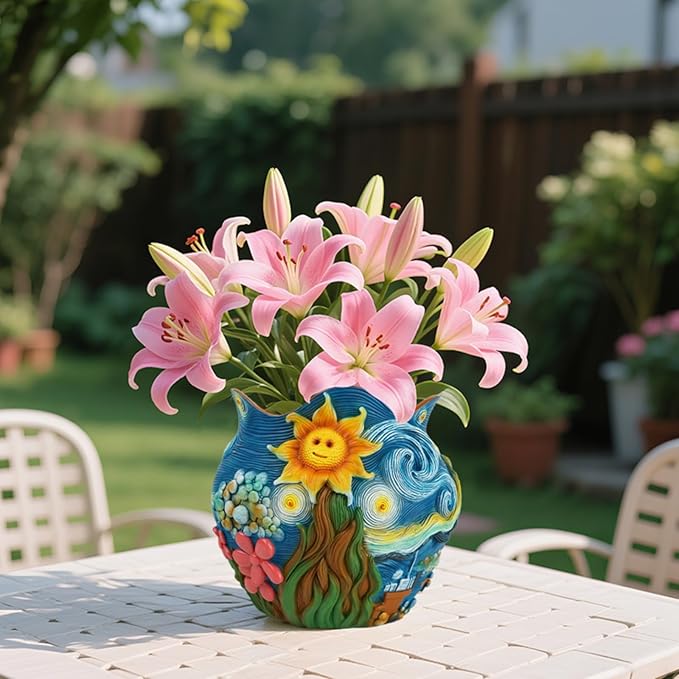 Starry Night Theme Flower Pots Colorful Art Planter Pots for Indoor Plant Cute Unique Resin Flower Pot with Drainage Hole for Home Decor