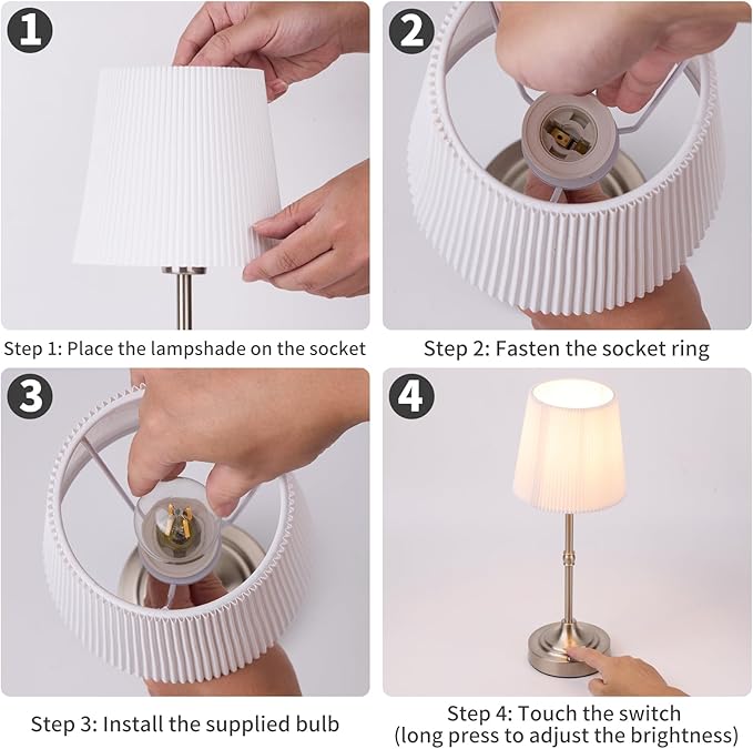 Cordless Rechargeable Table Lamp 5200mAh - Stepless Dimming & 3-Color Temperature, Touch Control Bedside Lamp with Fabric Shade for Bedroom, Patio, Camping, Balcony.(Silver)