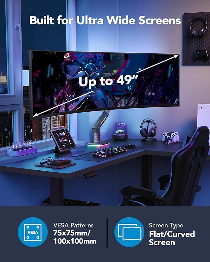 HUANUO RGB Monitor Arm for Ultrawide Screens up to 49″, Heavy-Duty Single Mount Holds 44 lbs, Fully Adjustable Gaming Monitor Arm with C-Clamp & Grommet Base, Max VESA 100 x 100mm