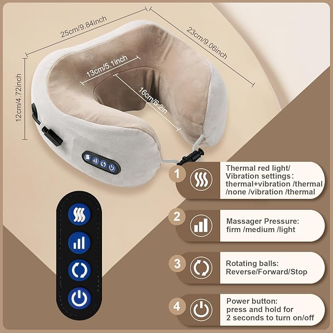 Electric Neck Massager,Portable Heated Kneading Massage Cushion Pillow,Rechargeable Shoulder Neck U-Shaped Massage Shiatsu,for Pain Relief at Home,Car,Office,Travel