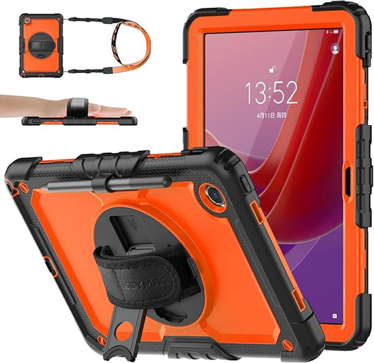 SEYMAC stock Tablet Case for Lenovo Tab M11 (TB330FU/TB330XU)/Idea Tab 11" (TB336F) 11 inch 2024/2025 Drop-Proof Protection Cover with 360° Rotate Strap [Pen Holder] & Screen Protector, Orange+Black