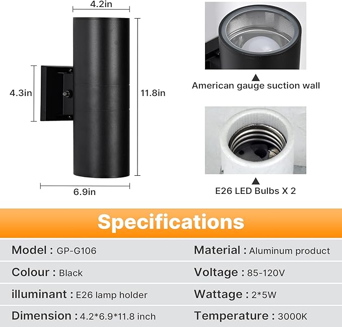 Dusk to Dawn Porch Light 1 Pack, Modern Outdoor Wall Lights with Bulbs, Cylinder Black Outdoor Light Fixture Wall Mount, Up and Down Lighting Wall Sconce for House Porch Door