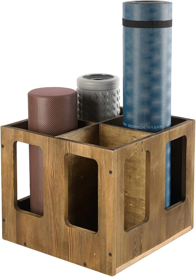 MyGift 4-Slot Vintage Brown Wood Foam Roller Storage Organizer, Wall Mounted or Floor Standing Holder Rack for Yoga Mats and Gym Accessories