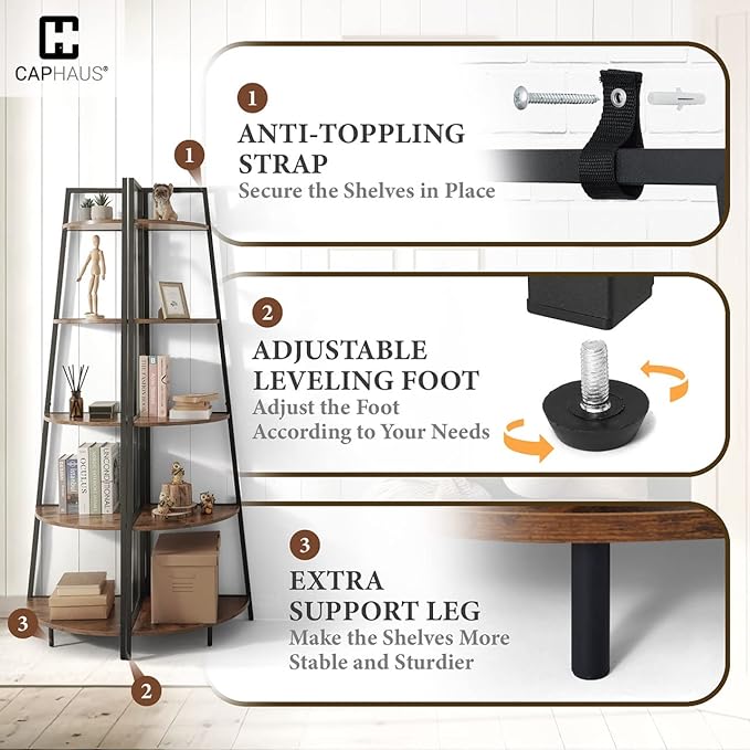 CAPHAUS Tall Corner Shelf Stand, 6-Tier Display Shelves, Ladder Corner Wood Storage Plant Bookshelf with Metal Frame, Versatile Shelving Unit Bookcase for Home Office Space, Rustic Oak