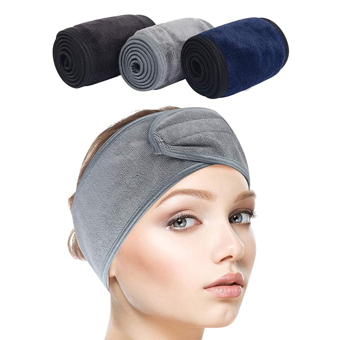 SINLAND Spa Headband for Women Ultra Soft Adjustable Makeup Hair Band with Magic Tape, Stretch Head Wrap for Bath, Shower, Facial Mask, Yoga